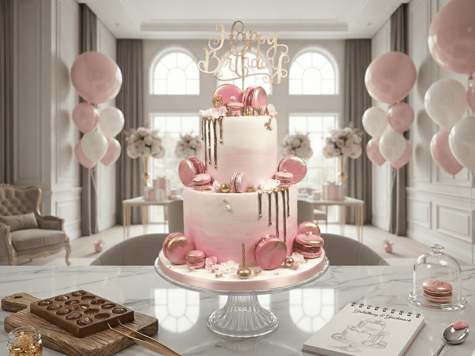 Zweistöckige Geburtstagstorte rosa Gold Drip mit Macarons und Happy Birthday Topper Wien Cir Cake Design