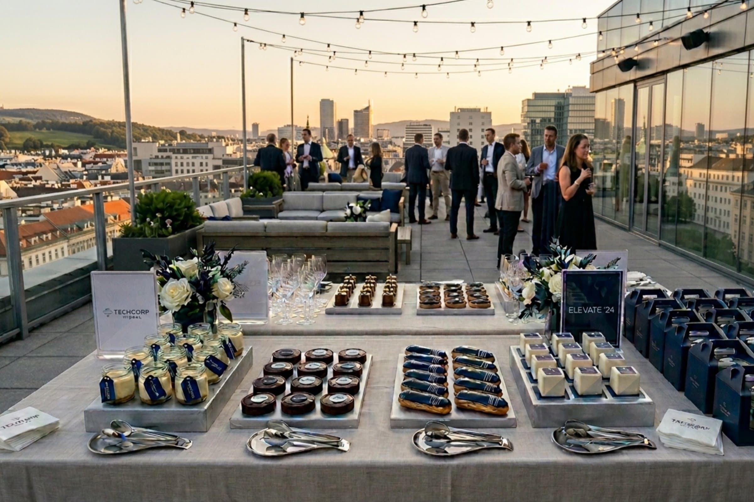 Eleganter Dessert Sweet Table auf Rooftop Terrasse Wien für Firmenevent Cupcakes Manufaktur