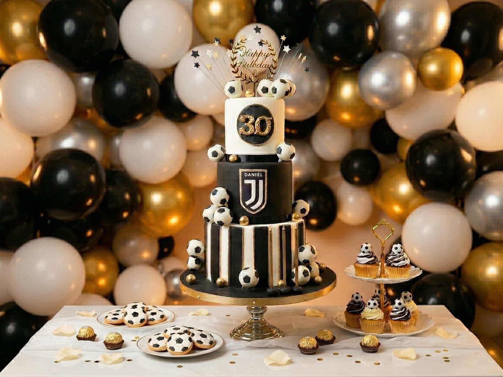 Dreistöckige Juventus Fußball Motivtorte schwarz gold zum 30 Geburtstag mit passenden Cupcakes und Keksen handgefertigt Wien Cupcakes Manufaktur Cir Cake Design