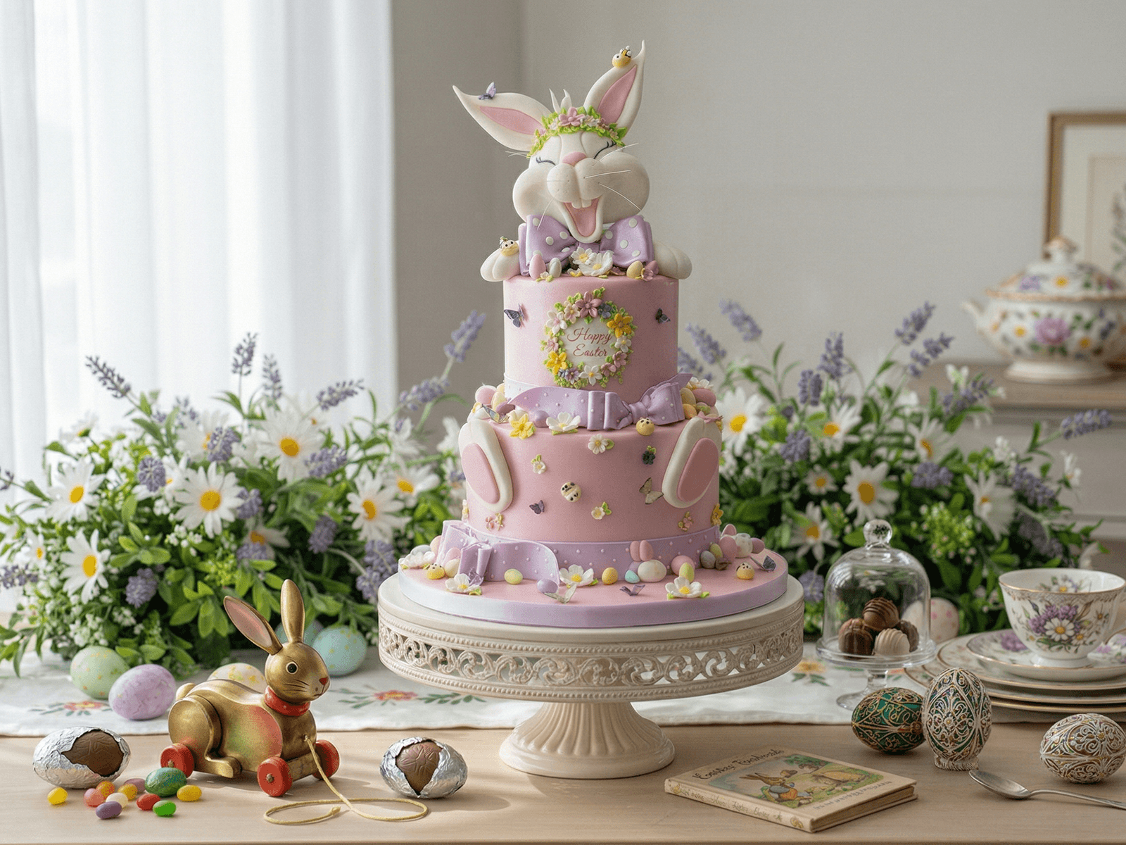 Dreistöckige Ostertorte mit Hasenfigur und Frühlingsblüten handgefertigt Wien Cupcakes Manufaktur