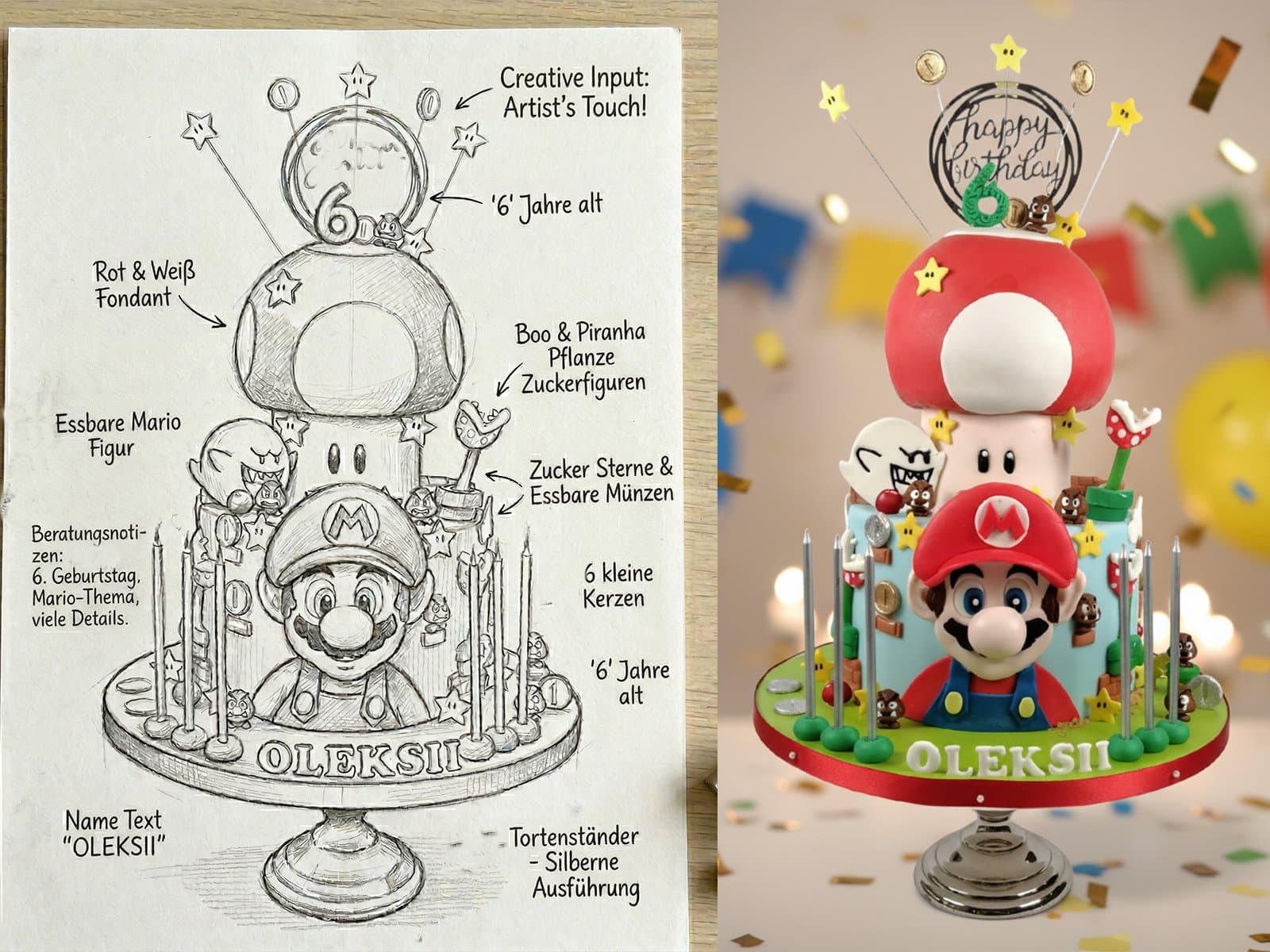 Von der Skizze zur fertigen Mario Motivtorte handgefertigt für Kinder Wien Cupcakes Manufaktur