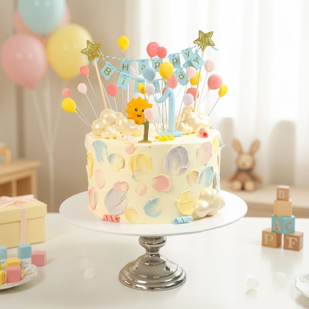 Handgefertigte Babytorte zum ersten Geburtstag mit Luftballon und buntem Zuckerdekor Wien Cupcakes Manufaktur CirCakeDesign