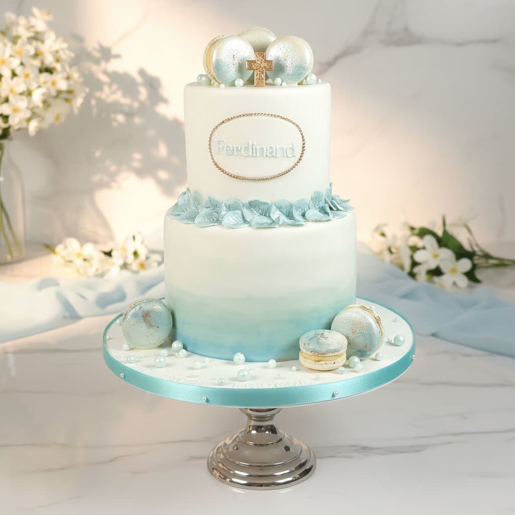 Handgefertigte Tauftorte mit Macarons und Zuckerdekor für Taufe Wien Cupcakes Manufaktur CirCakeDesign