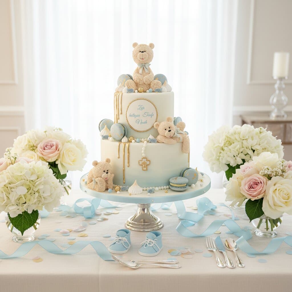 Handgefertigte Tauftorte hellblau mit Zuckerdekor und Taufmotiv für Taufe Wien Cupcakes Manufaktur CirCakeDesign