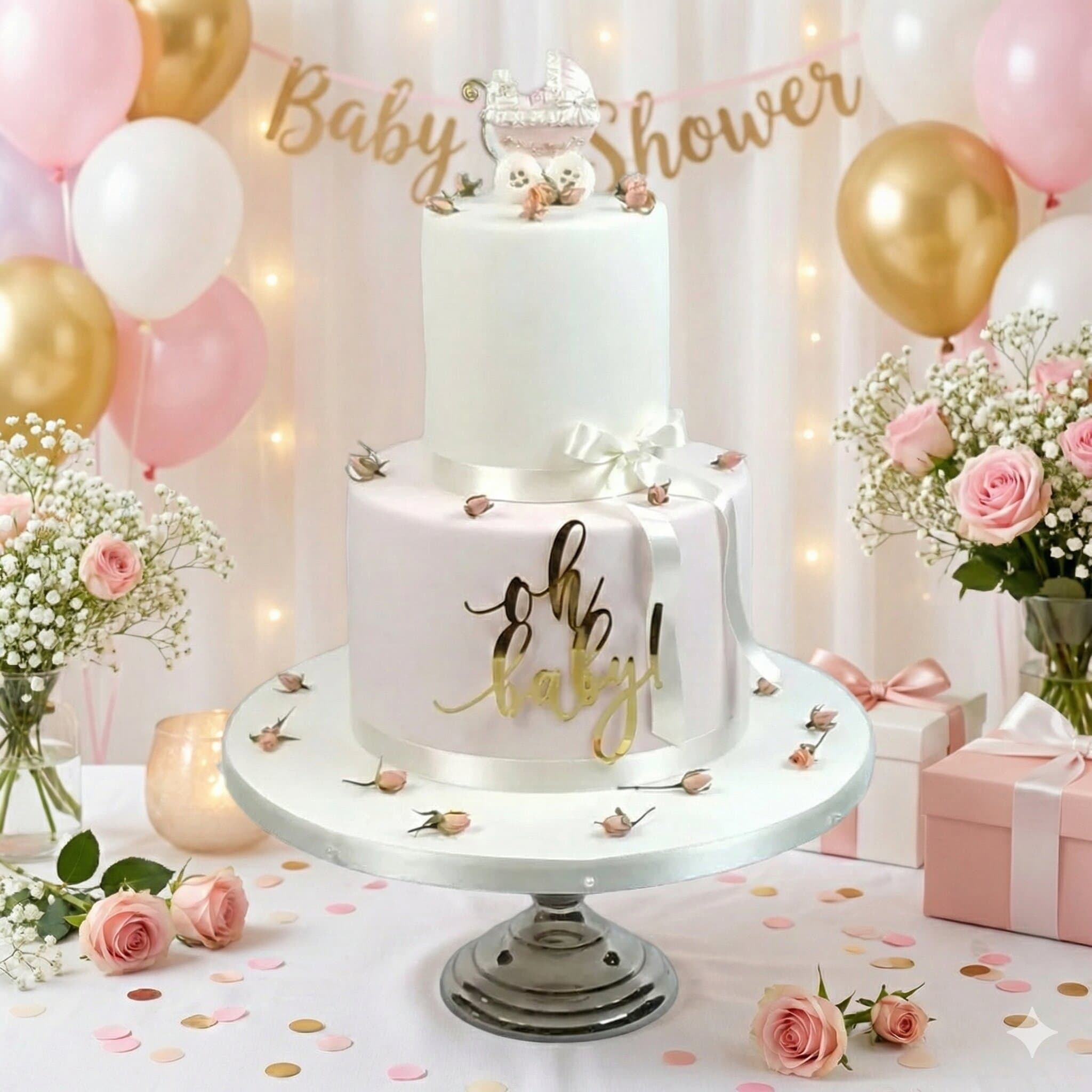 Handgefertigte Babyshower Torte mit zarten Farben und Zuckerdekor für Babyparty Wien Cupcakes Manufaktur CirCakeDesign