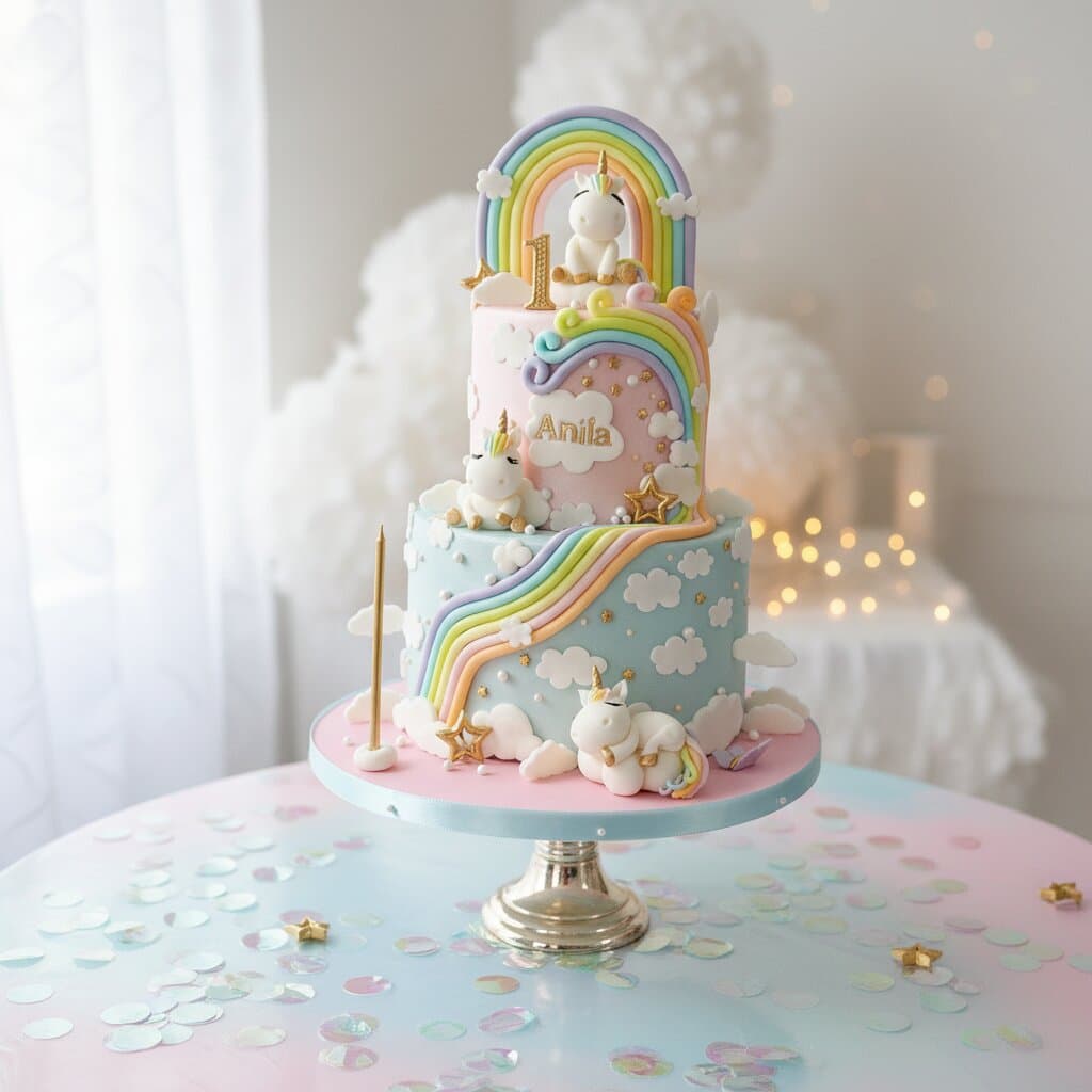 Handgefertigte Einhorn Babytorte zum ersten Geburtstag mit Zuckerdekor und Glitzer Wien Cupcakes Manufaktur CirCakeDesign