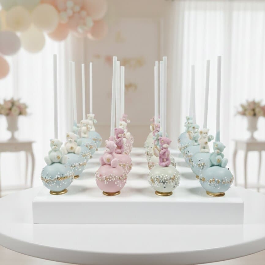 Handgefertigte Tauf-Cakepops weiß mit Zuckerblüten und Kreuzdekor für Taufe Wien Cupcakes Manufaktur CirCakeDesign