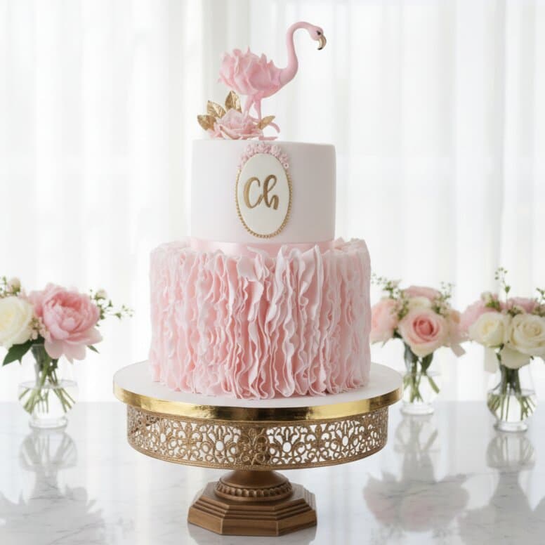 Handgefertigte Flamingo Torte zum ersten Geburtstag mit tropischem Zuckerdekor Wien Cupcakes Manufaktur CirCakeDesign