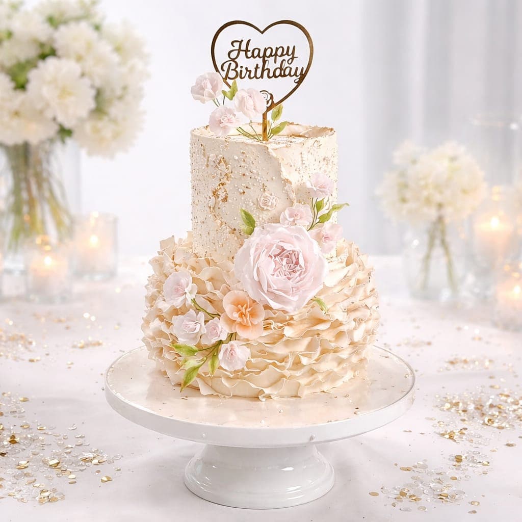 Zweistöckige Geburtstagstorte creme rosa mit handmodellierten Zuckerblumen Rüschendekor und goldenem Happy Birthday Herz Topper handgefertigt Wien Cupcakes Manufaktur Cir Cake Design