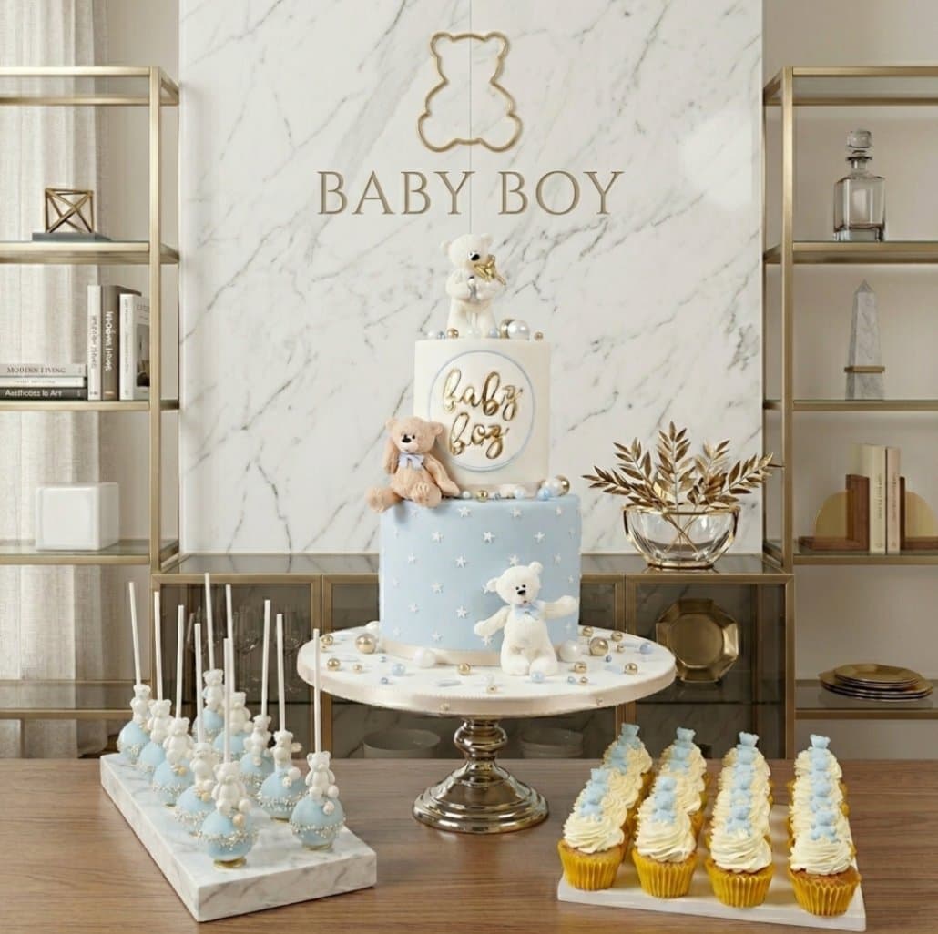 Baby Boy Tauftorte hellblau weiß gold mit Teddybären Cakepops und Cupcakes als Sweet Table handgefertigt Wien Cupcakes Manufaktur Cir Cake Design