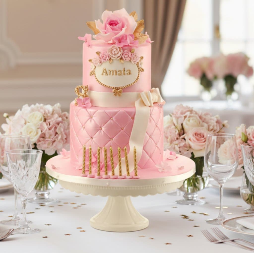 Zweistöckige pinke Geburtstagstorte mit Zuckerblumen Rautenmuster goldenem Namensschriftzug Amata und Satinband handgefertigt Wien Cupcakes Manufaktur Cir Cake Design