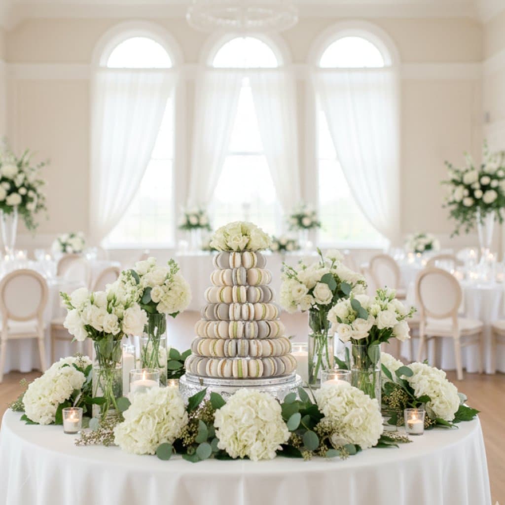 Macaronturm als Hochzeitsalternative mit weißen Blumen und Kerzen im Hochzeitssaal Wien Cupcakes Manufaktur Cir Cake Design