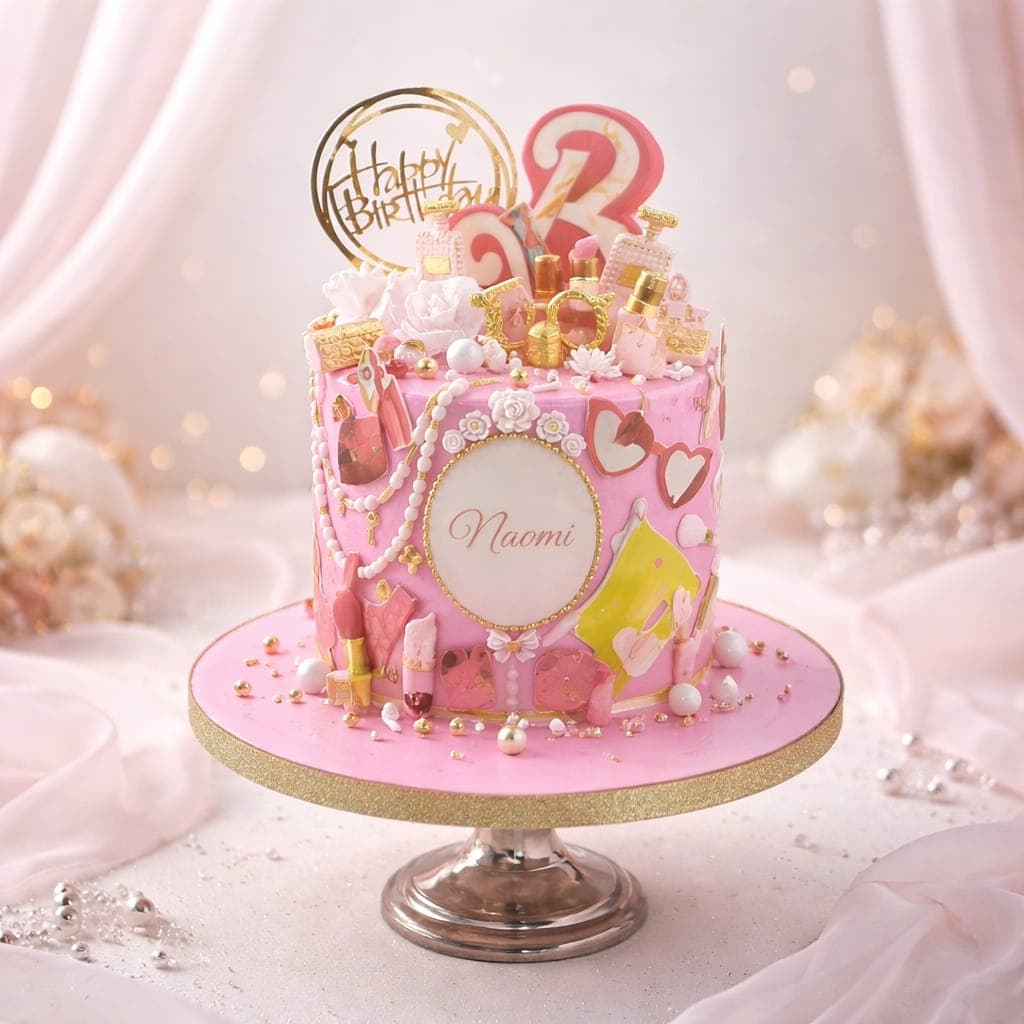 Pinke Mädchen Geburtstagstorte mit Makeup Motiven Lippenstift Parfum und Namensschriftzug Naomi handgefertigt Wien Cupcakes Manufaktur Cir Cake Design