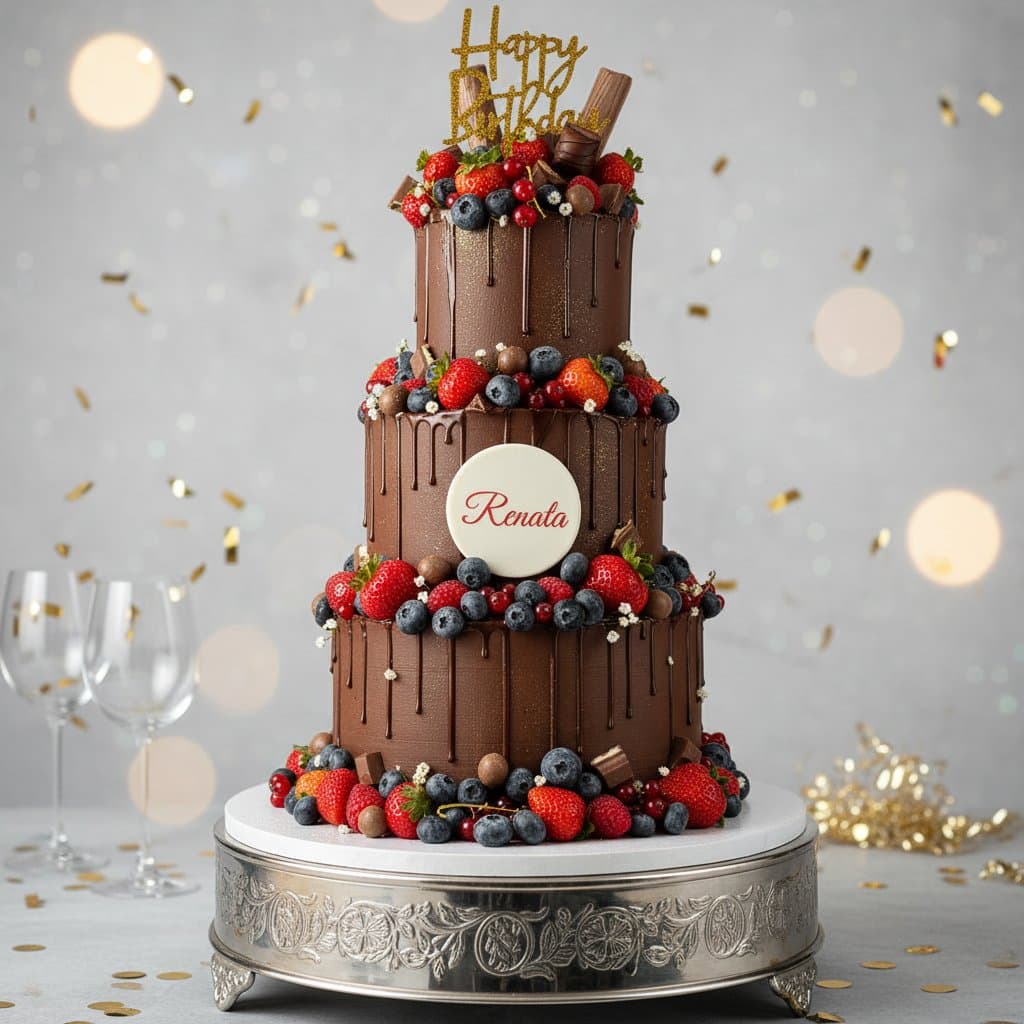 Dreistöckige Semi Naked Schokoladentorte mit frischen Beeren Chocolate Drip und Namensschriftzug Renata handgefertigt Wien Cupcakes Manufaktur Cir Cake Design