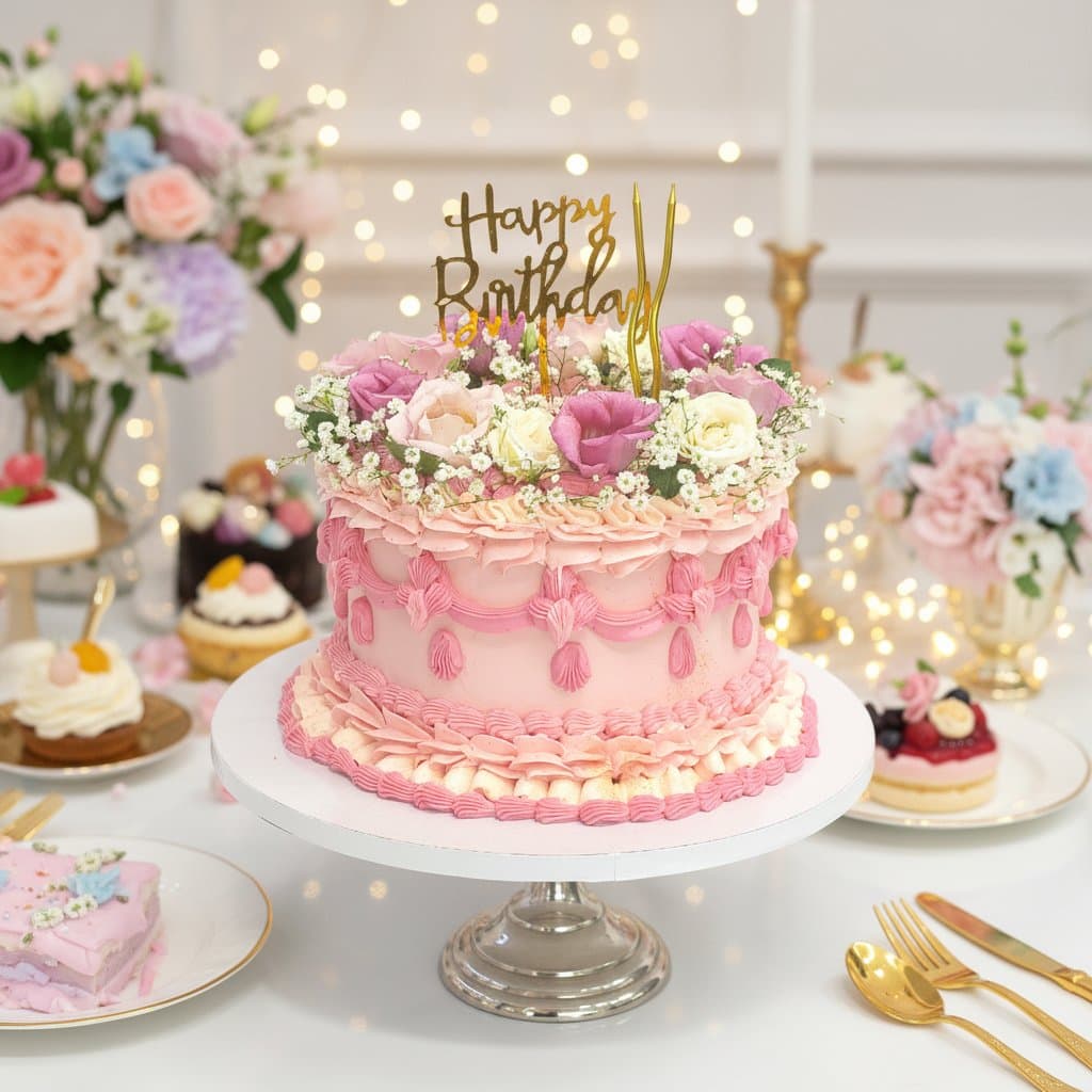 Pinke Vintage Buttercreme Geburtstagstorte mit frischen Rosen und Happy Birthday Topper handgefertigt Wien Cupcakes Manufaktur Cir Cake Design