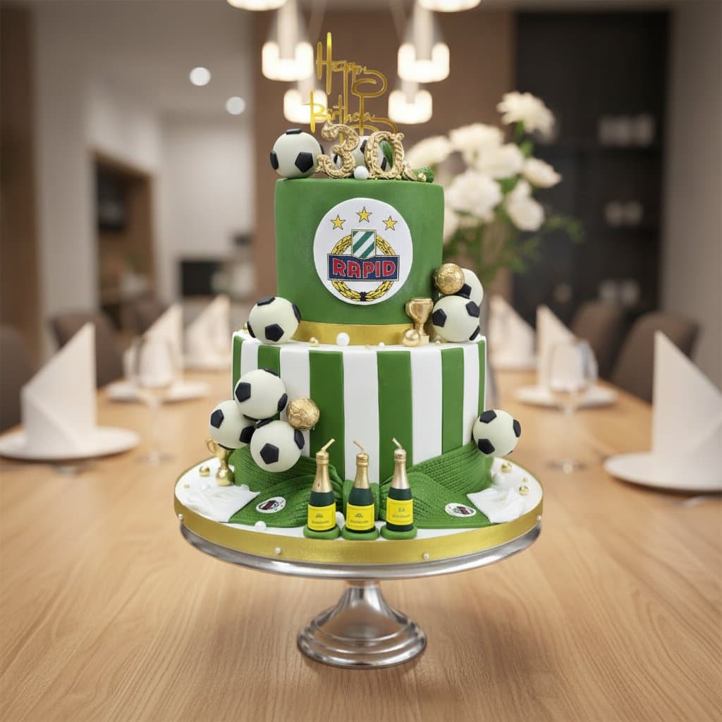 Zweistöckige Rapid Wien Fußball Motivtorte grün weiß mit Vereinslogo Fußbällen und Sektflaschen zum 30 Geburtstag handgefertigt Wien Cupcakes Manufaktur Cir Cake Design