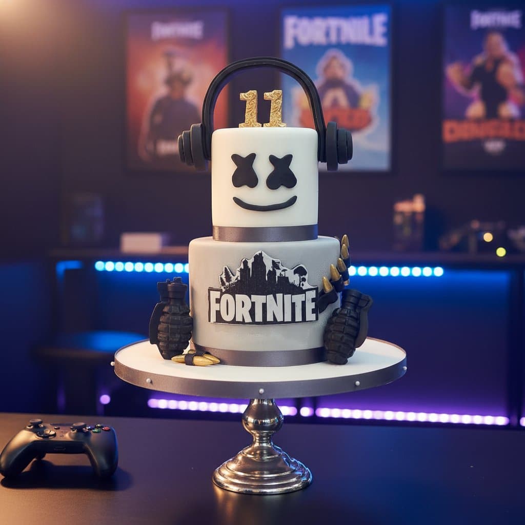 Zweistöckige Fortnite Gaming Motivtorte mit Marshmello Figur Headphones und Zuckerdetails zum 11 Geburtstag handgefertigt Wien Cupcakes Manufaktur Cir Cake Design