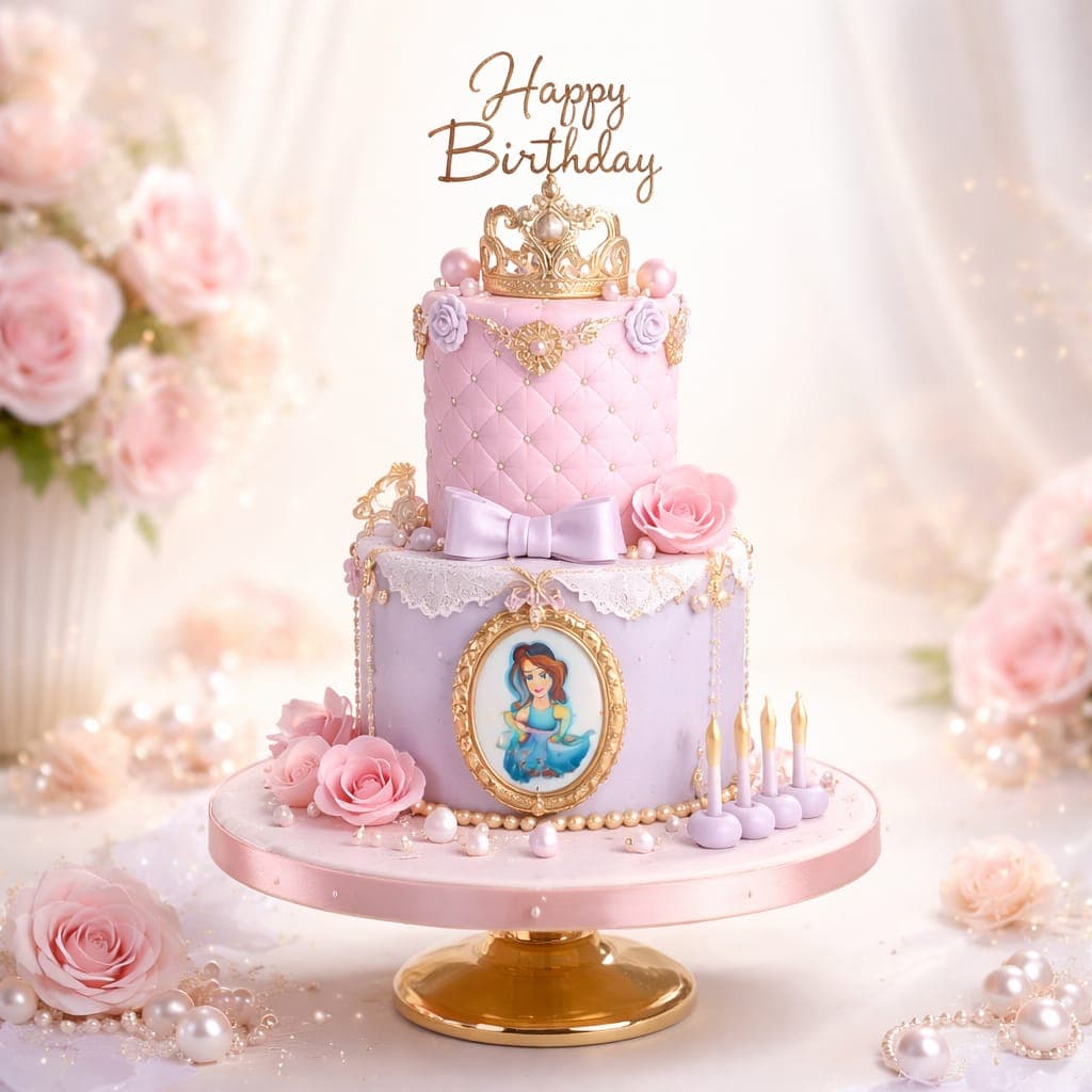 Zweistöckige Prinzessin Kindertorte rosa lila mit goldener Krone Perlen und Zuckerrosen handgefertigt Wien Cupcakes Manufaktur Cir Cake Design