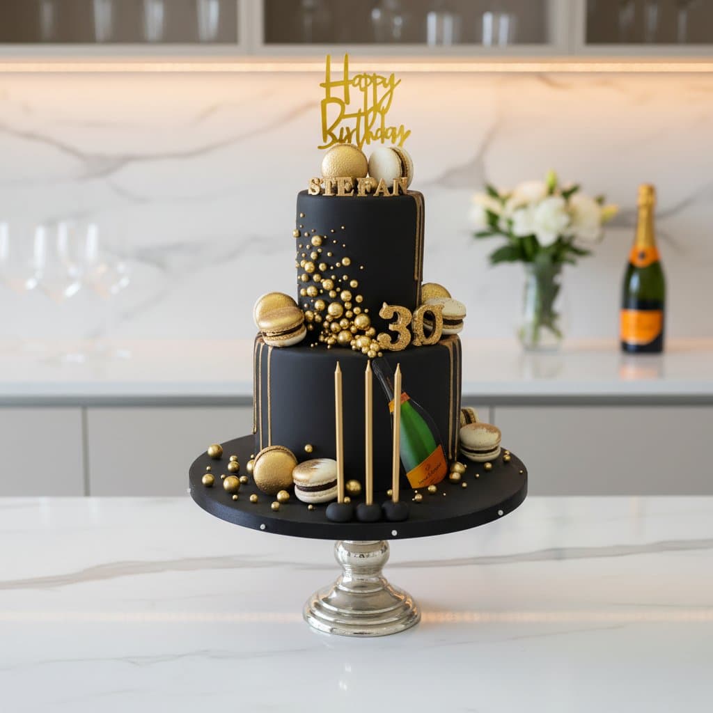 Zweistöckige Geburtstagstorte schwarz gold mit Champagnerflasche Macarons und Namensschriftzug Stefan zum 30 Geburtstag handgefertigt Wien Cupcakes Manufaktur Cir Cake Design