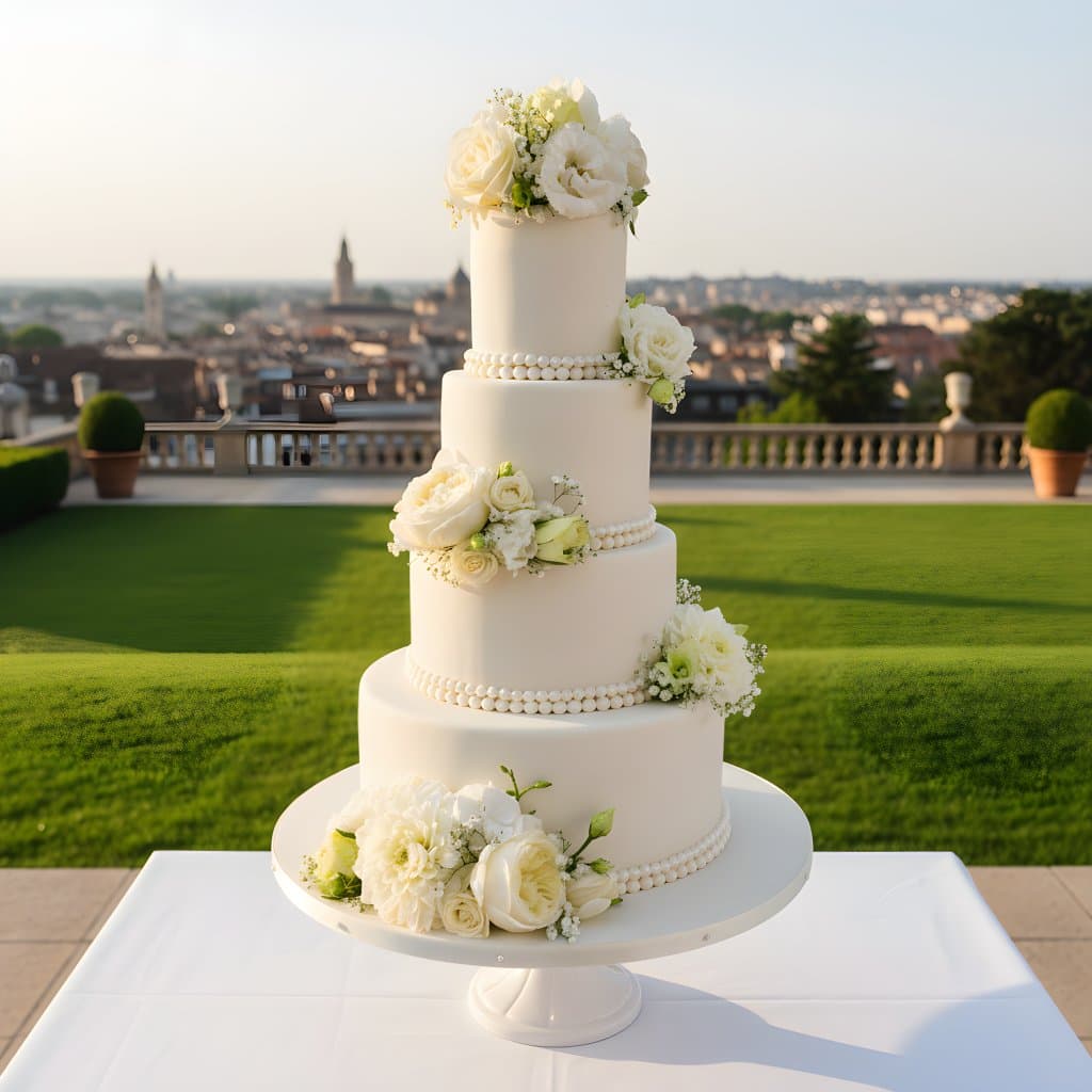 Vierstöckige Hochzeitstorte weiß mit Perlendekor und frischen weißen Rosen im Garten Wien Cupcakes Manufaktur Cir Cake Design