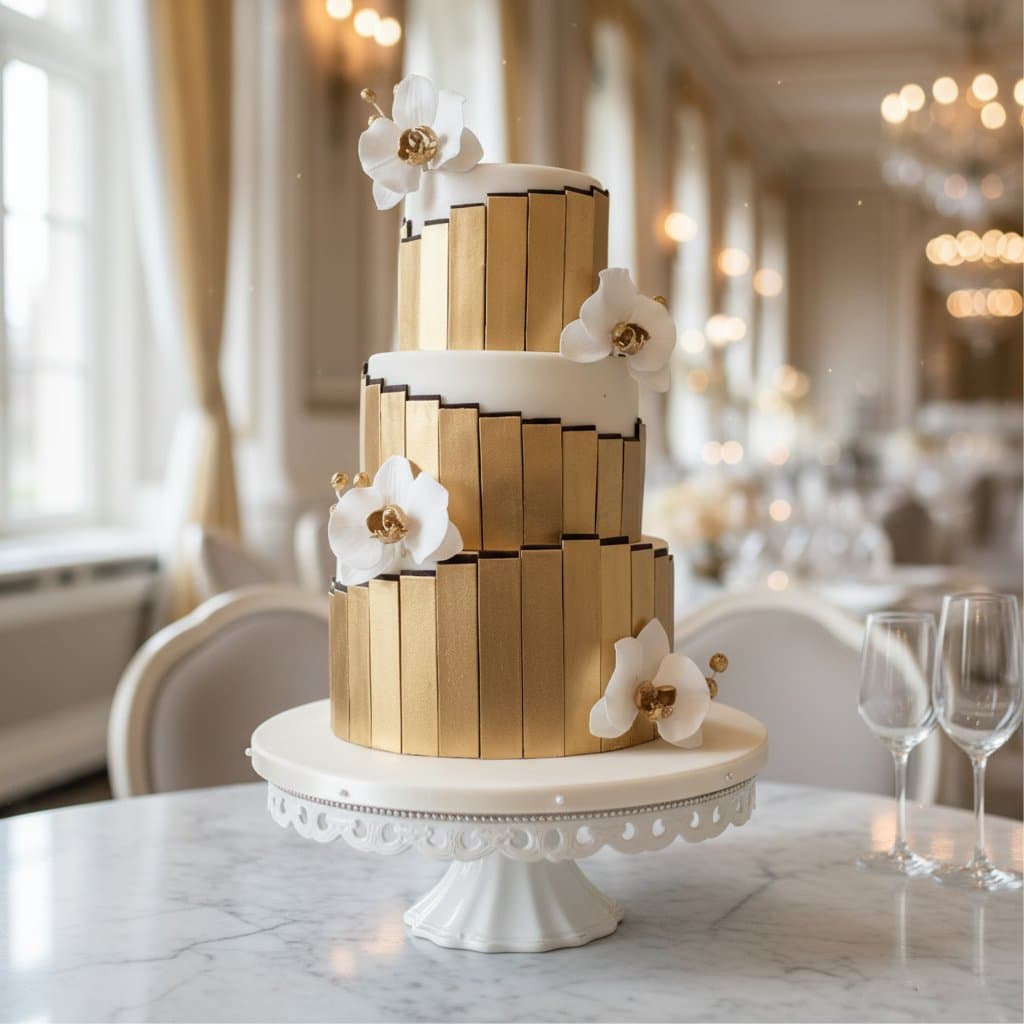 Dreistöckige Hochzeitstorte Art Deco gold weiß mit Blattgoldpaneelen und weißen Orchideen handgefertigt Wien Cupcakes Manufaktur Cir Cake Design