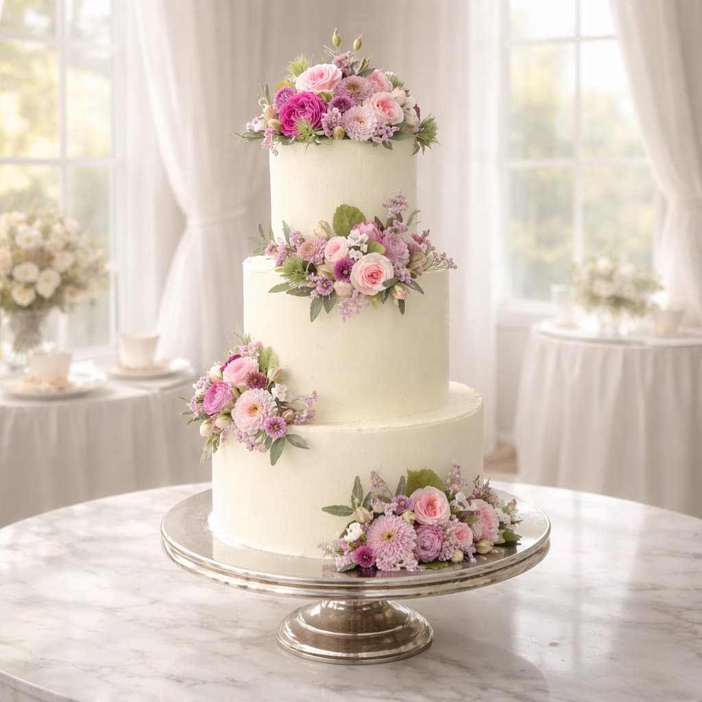 Dreistöckige Hochzeitstorte weiß mit echten rosa und lila Blumen auf Silbertortenständer handgefertigt Wien Cupcakes Manufaktur Cir Cake Design