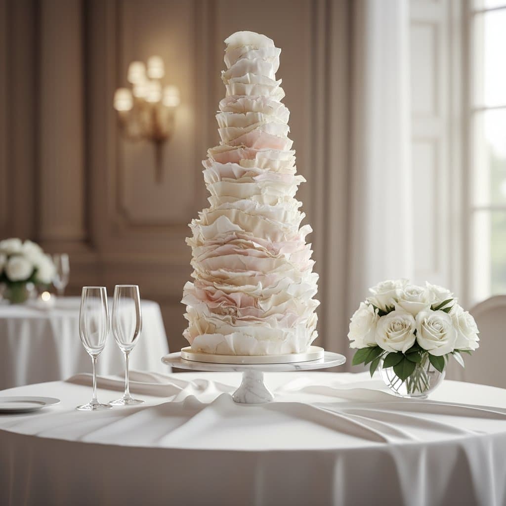 Hohe Hochzeitstorte weiß rosa mit handgefertigtem Fondant Rüschendekor im Conference Center Laxenburg Cupcakes Manufaktur Cir Cake Design