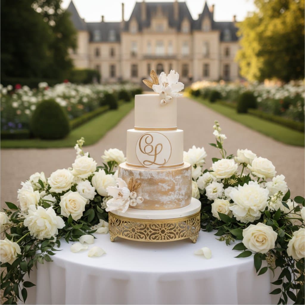 Dreistöckige Hochzeitstorte weiß und gold mit Monogramm und Blattgold vor Schlosskulisse Wien Cupcakes Manufaktur Cir Cake Design