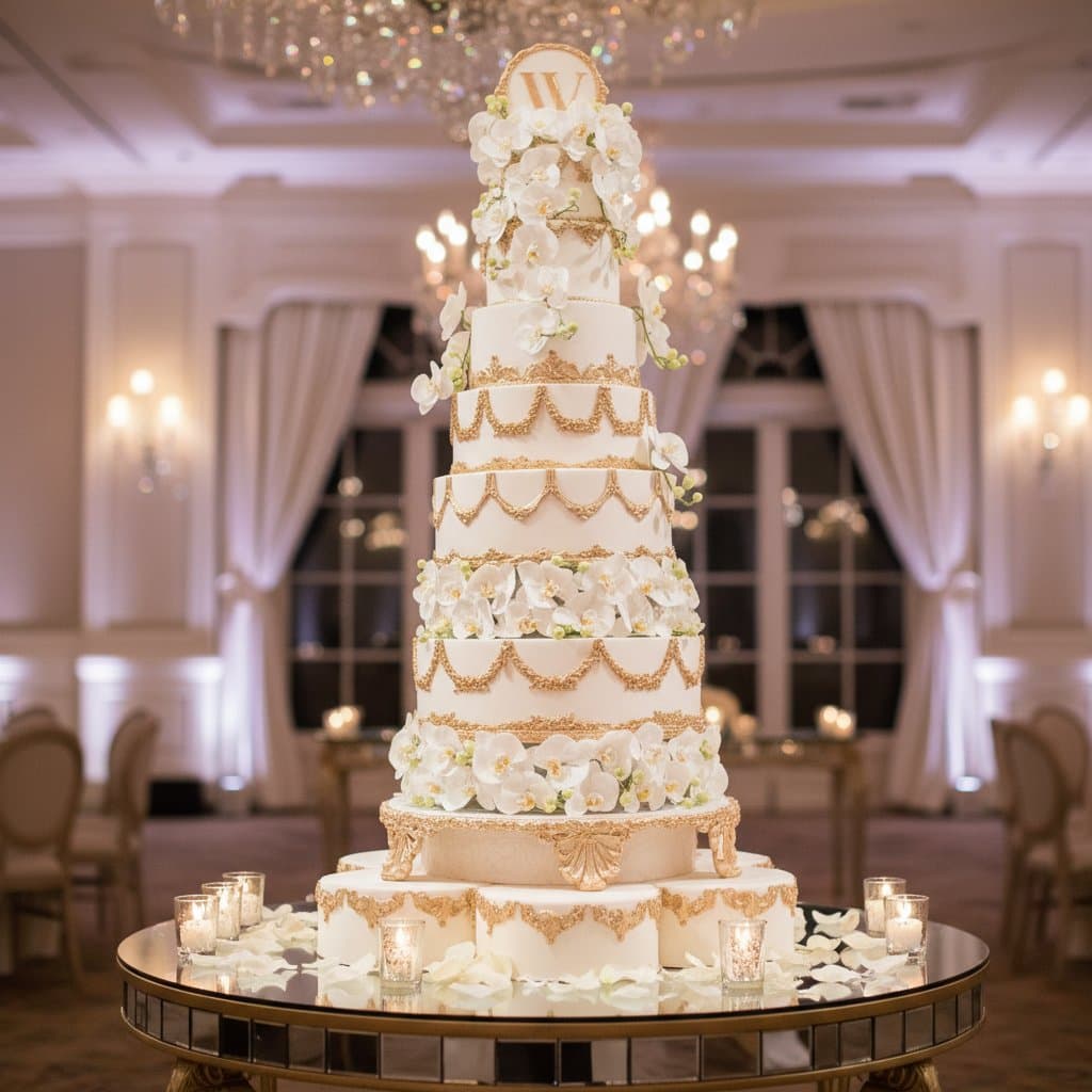 Siebenstöckige Hochzeitstorte weiß und gold mit Orchideen und goldenem Zuckerdekor im Palais Wien Cupcakes Manufaktur Cir Cake Design