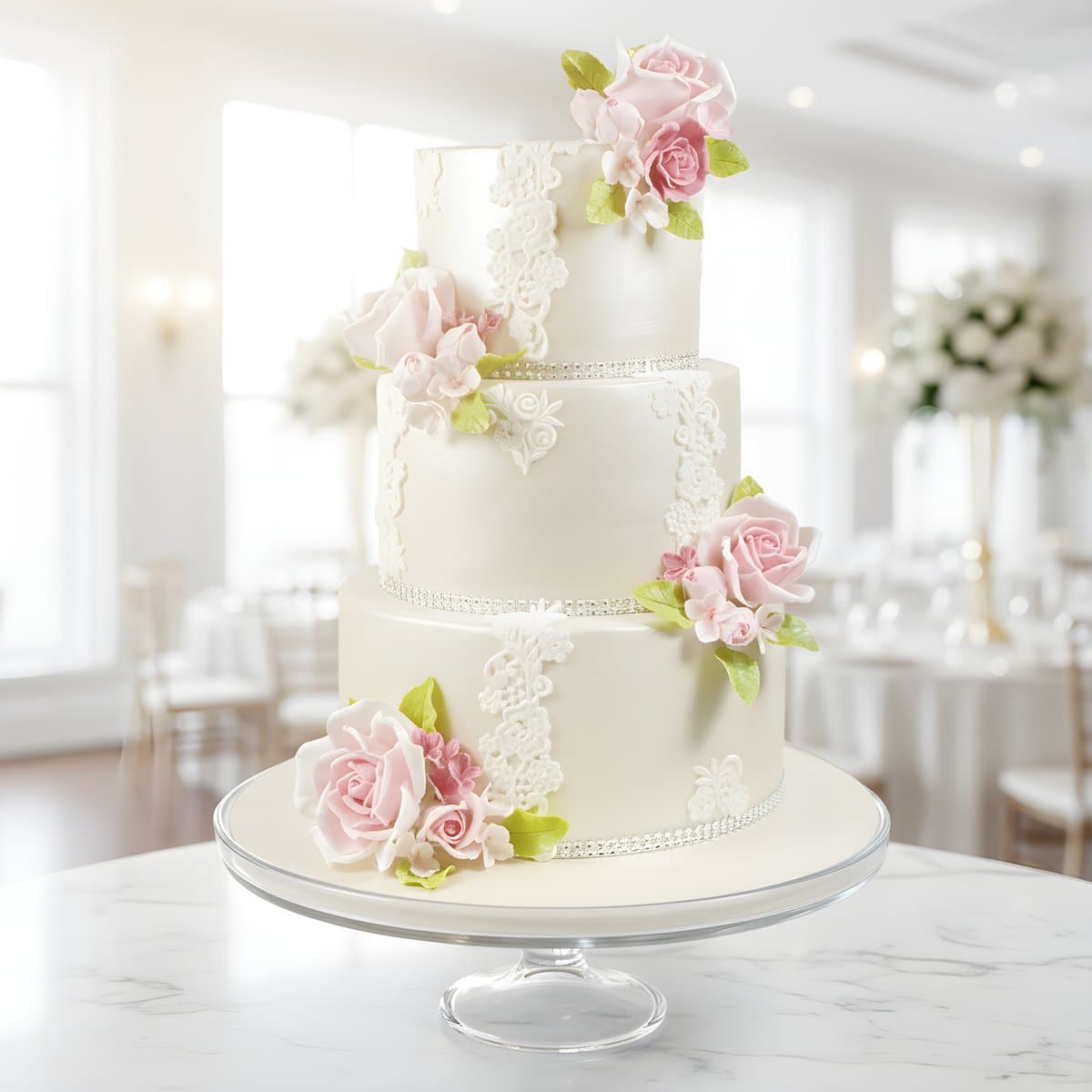 Dreistöckige Hochzeitstorte weiß mit handmodellierten Zuckerrosen Spitzendekor und Strassband handgefertigt Wien Cupcakes Manufaktur Cir Cake Design