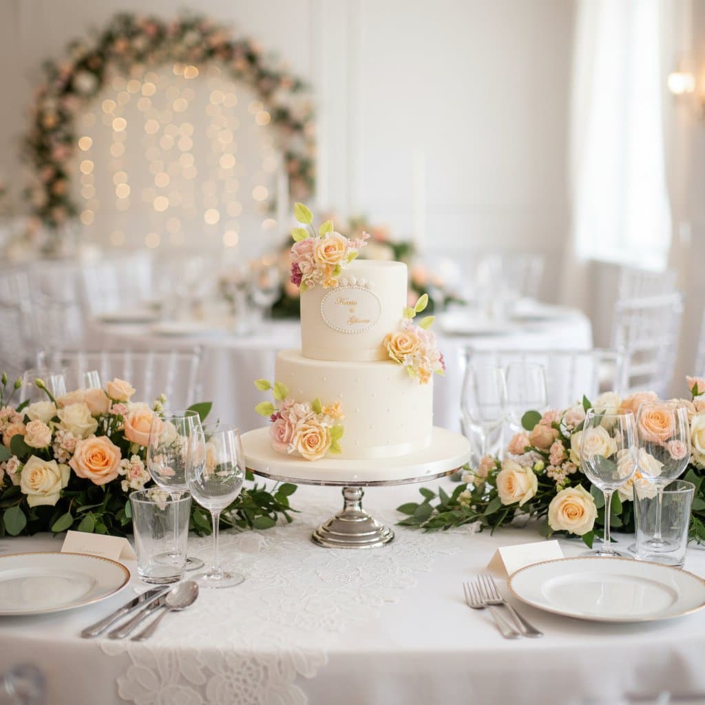 Zweistöckige Hochzeitstorte weiß mit Pfirsichrosen und personalisiertem Namensschild im Hochzeitssaal Wien Cupcakes Manufaktur Cir Cake Design