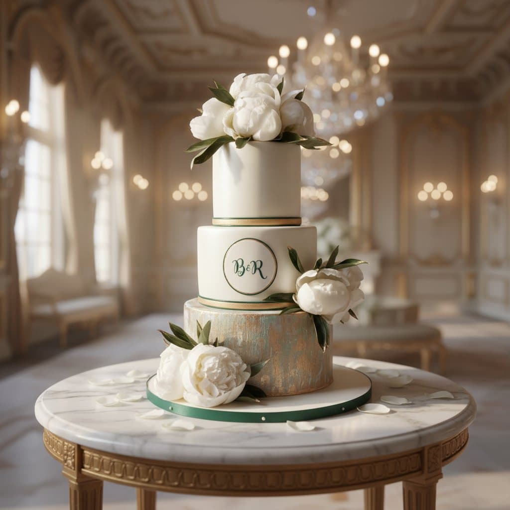 Dreistöckige Hochzeitstorte weiß mit Monogramm weißen Pfingstrosen und Holzdekor im Palais Wien Cupcakes Manufaktur Cir Cake Design