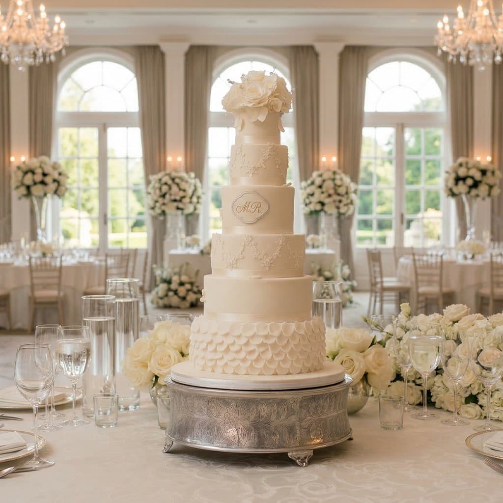 Siebenstöckige Hochzeitstorte weiß mit Monogramm Zuckerblüten und Rüschendekor auf Silbertortenständer Burg Niederösterreich Cupcakes Manufaktur Cir Cake Design