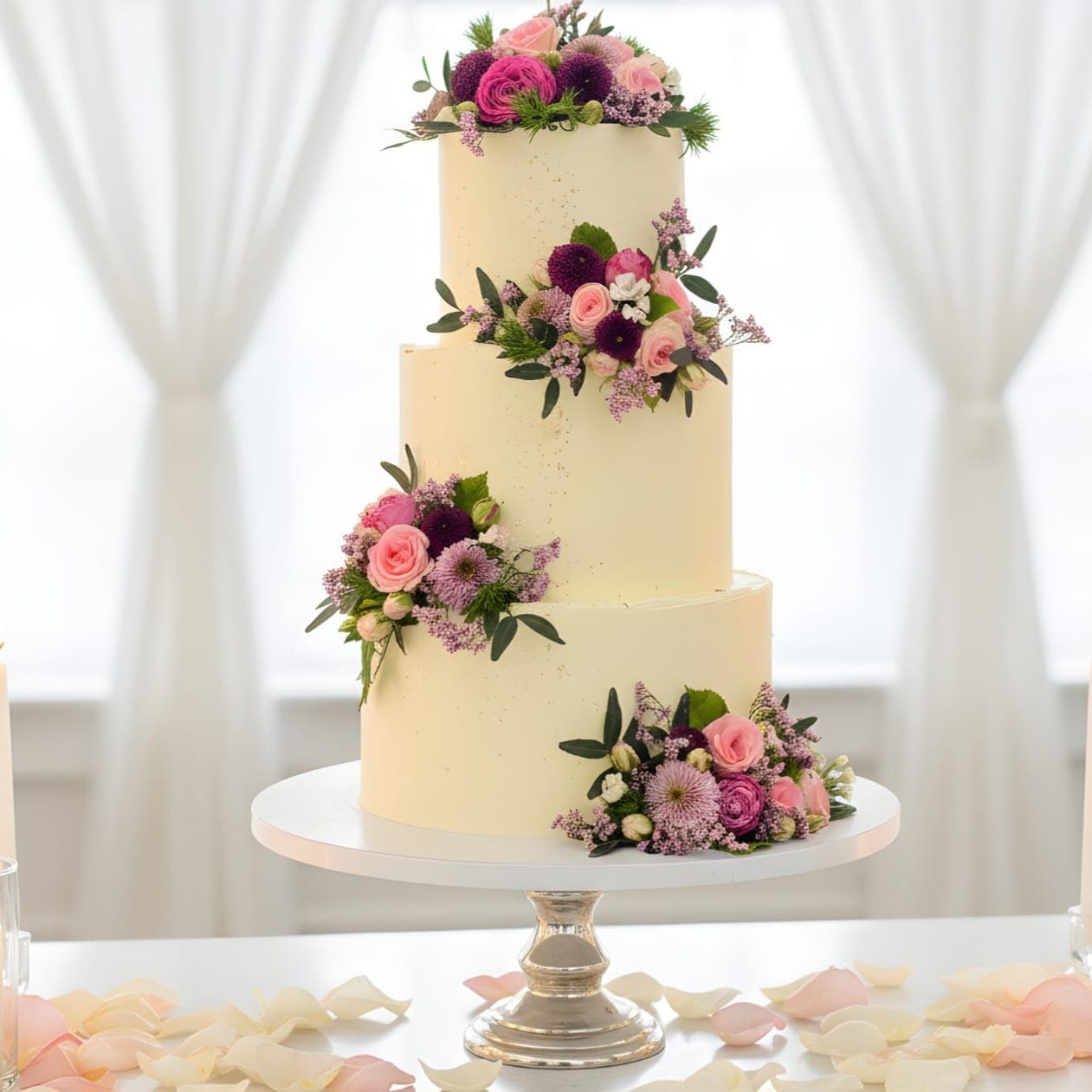 Dreistöckige Semi Naked Cake Hochzeitstorte mit frischen rosa und lila Blumen handgefertigt Wien Cupcakes Manufaktur Cir Cake Design