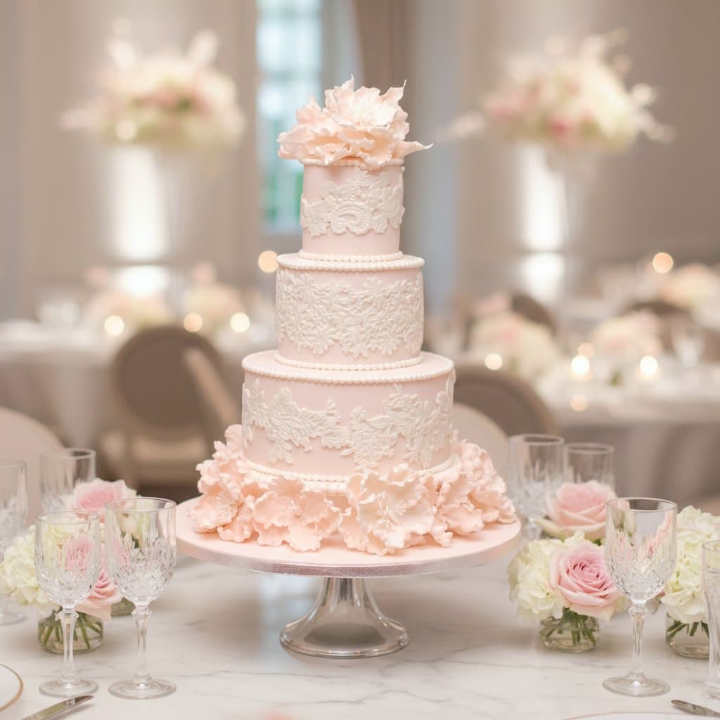 Vierstöckige Hochzeitstorte rosa mit handgefertigtem Spitzendekor Zuckerblumen und Perlenband Wien Cupcakes Manufaktur Cir Cake Design