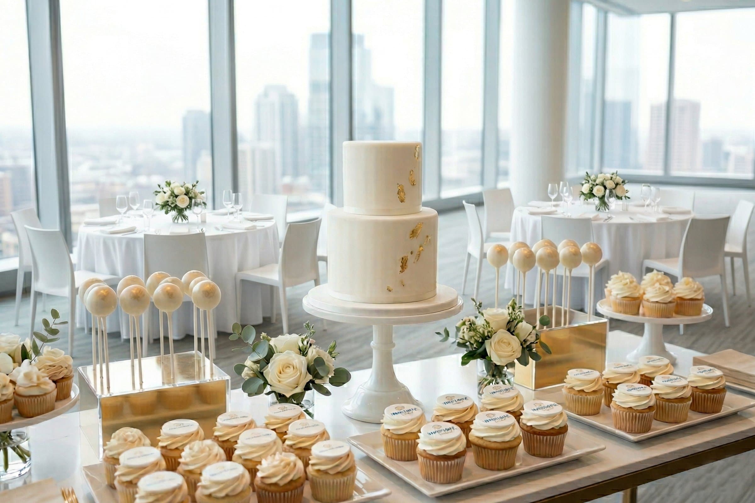 Eleganter Sweet Table für Firmenfeier mit weißer Blattgold Torte Branded Cupcakes und Cakepops hoch über der Stadt Wien Cupcakes Manufaktur Cir Cake Design