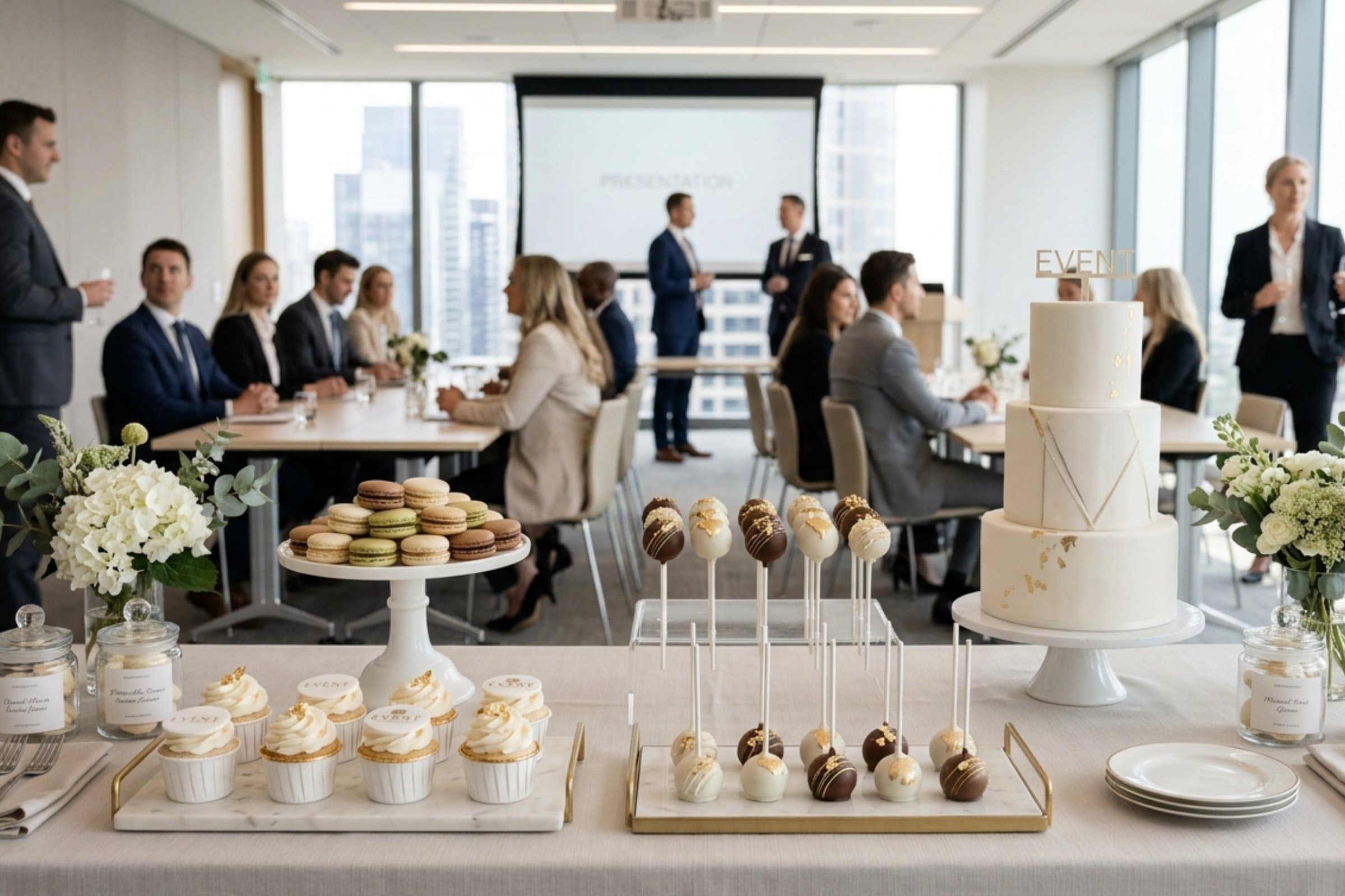 Sweet Table mit Torte Cupcakes Cakepops und Macarons für Firmenevent und Meeting Wien Cupcakes Manufaktur Cir Cake Design