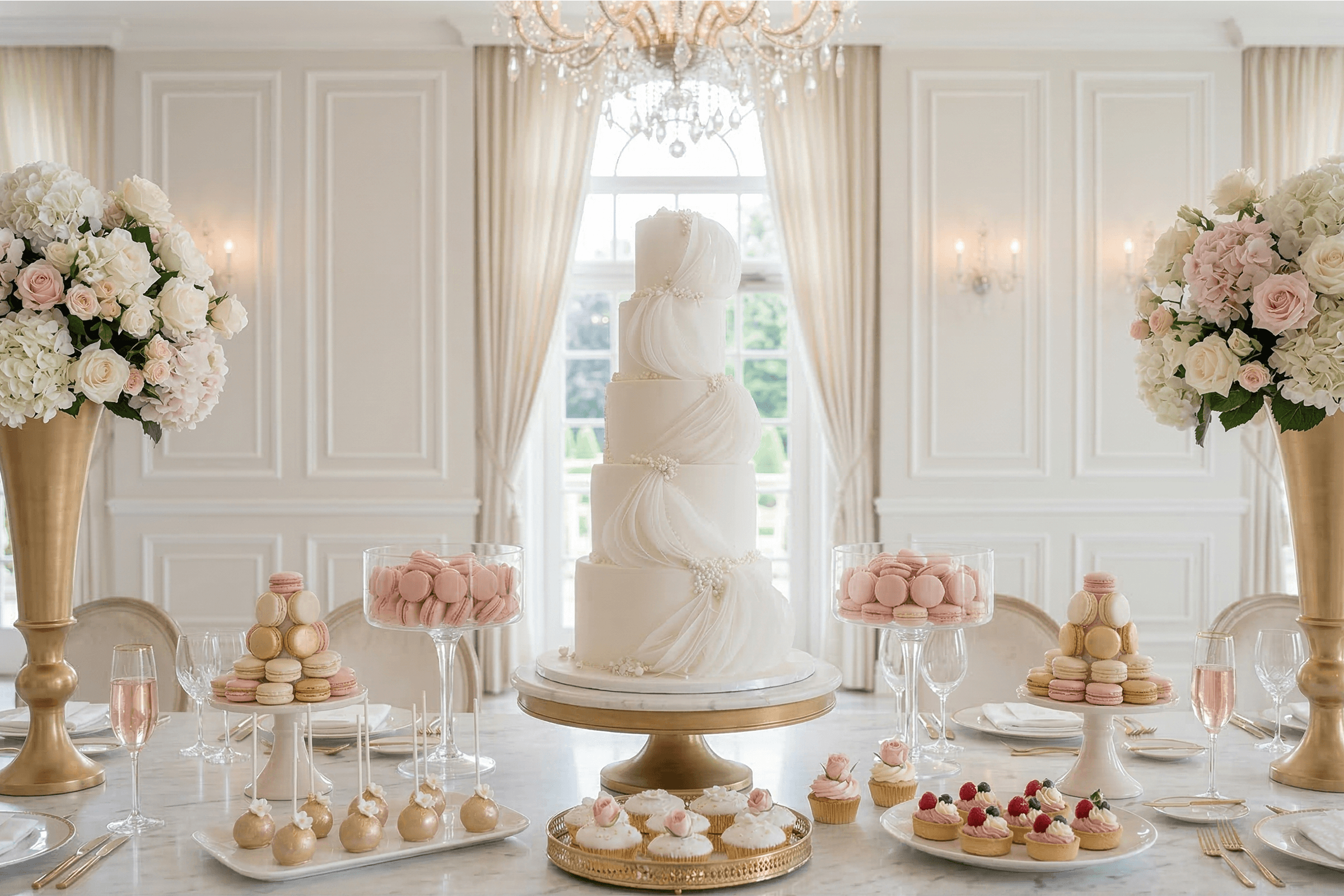 Eleganter Sweet Table mit weißer Hochzeitstorte Macarons und Cupcakes Wien Cir Cake Design