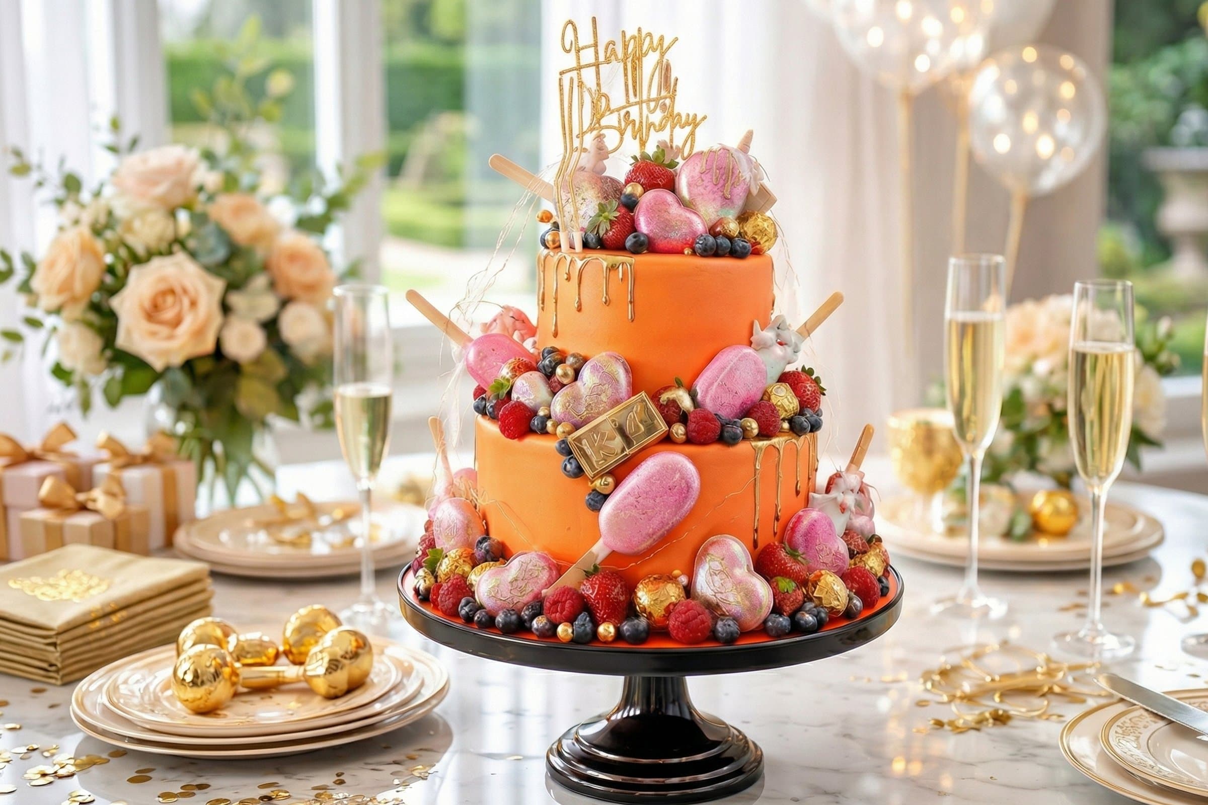 Zweistöckige Geburtstagstorte orange mit goldenen Macarons und Cakepops Wien Cupcakes Manufaktur