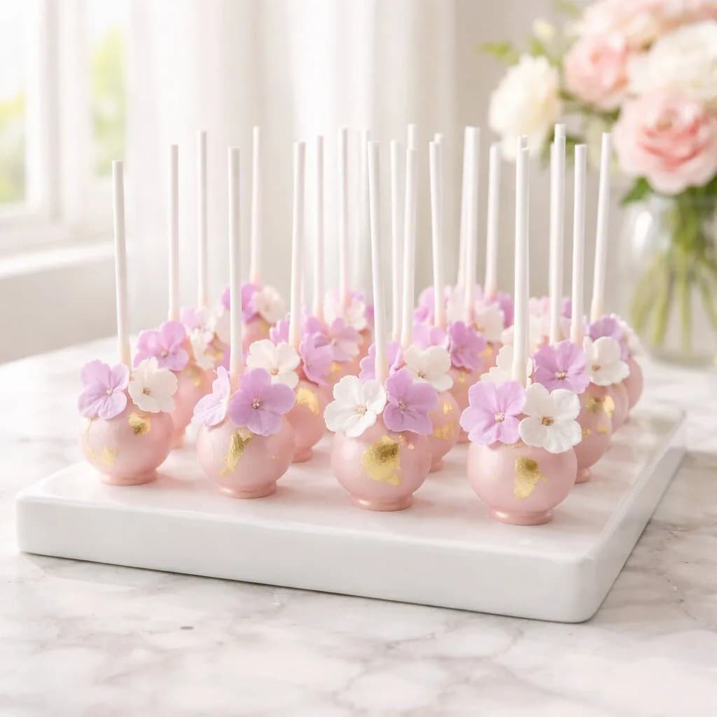 Handgefertigte Cakepops weiß gold mit Perlen und Zuckerblümchen für Hochzeit und elegante Anlässe Wien Cupcakes Manufaktur Cir Cake Design