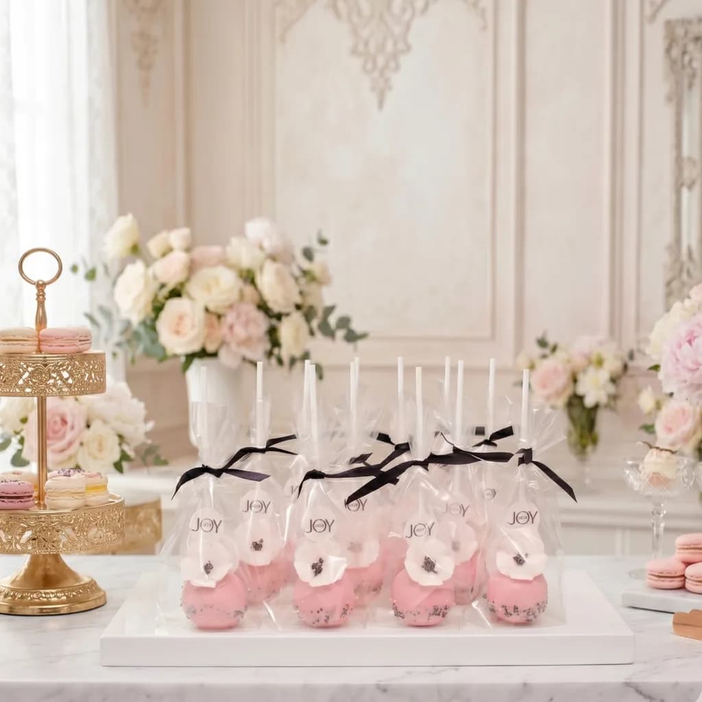 Handgefertigte Branded Cakepops rosa mit Dior Joy Logo Zuckerblume und schwarzer Schleife als Gastgeschenk Wien Cupcakes Manufaktur Cir Cake Design