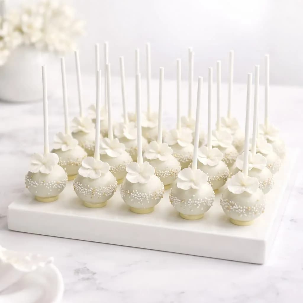Handgefertigte Cakepops weiß mit Zuckerblume und Goldglitter für Hochzeit und Taufe Wien Cupcakes Manufaktur Cir Cake Design