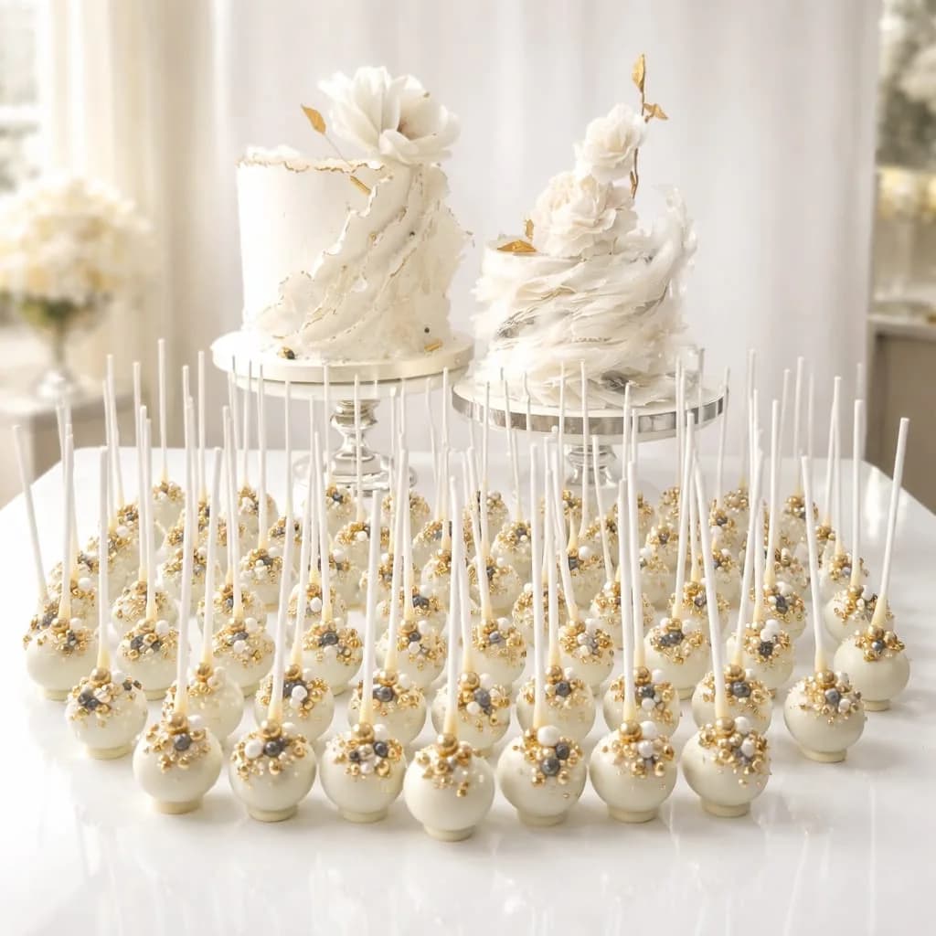 Eleganter Sweet Table mit weißen Hochzeitstorten und Cakepops weiß gold mit Perlen und Golddekor handgefertigt Wien Cupcakes Manufaktur Cir Cake Design