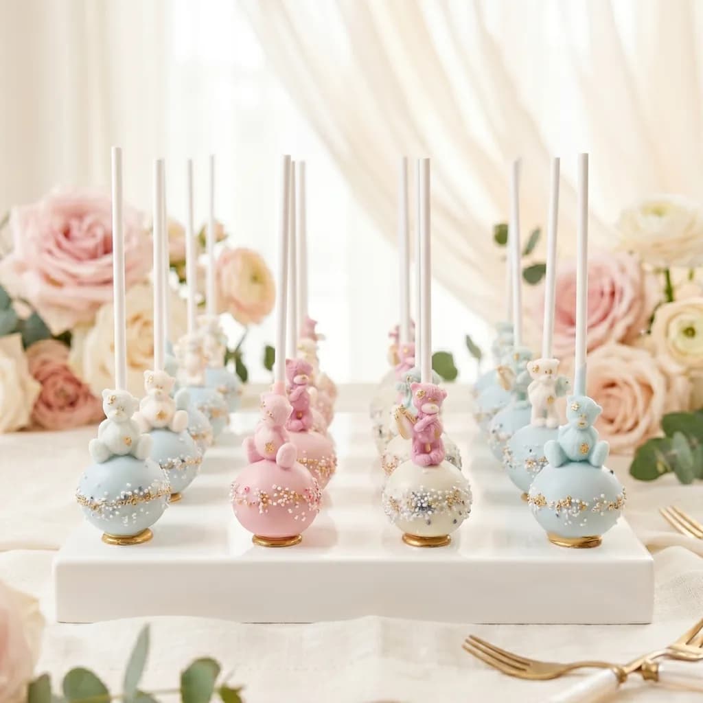 Handgefertigte Baby Cakepops rosa hellblau weiß mit Teddybären und Goldglitter für Taufe und Babyshower Wien Cupcakes Manufaktur Cir Cake Design