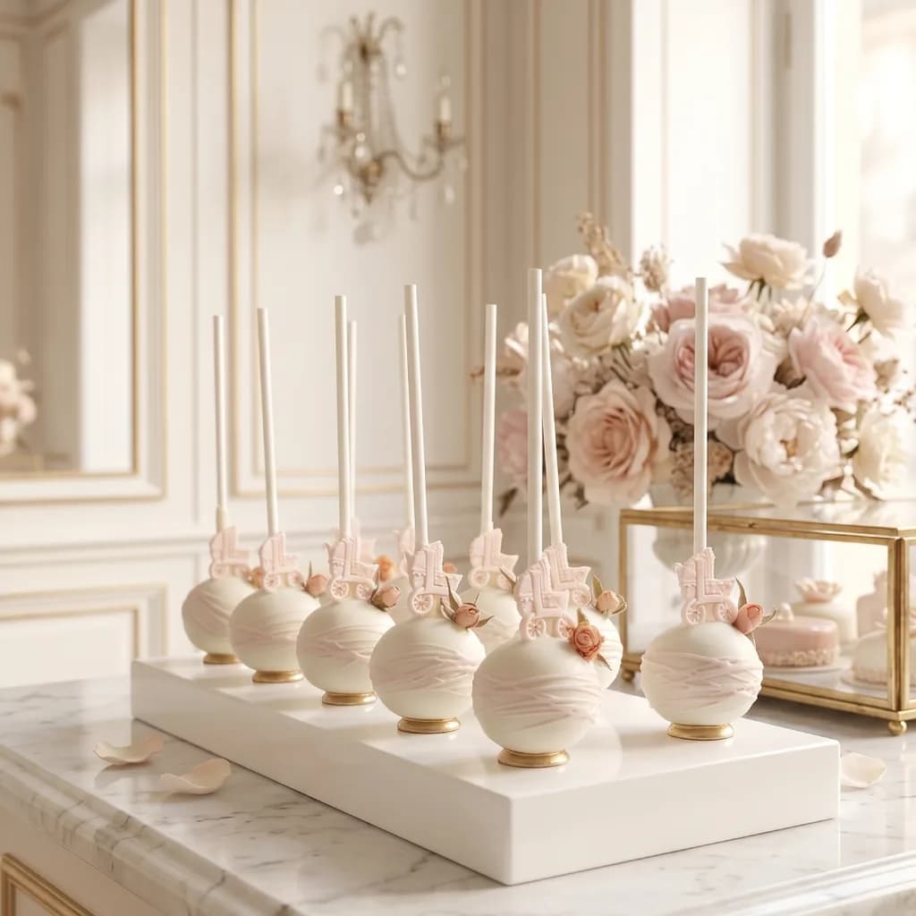 Handgefertigte Baby Cakepops weiß rosa mit Kinderwagen und Zuckerblumen für Babyshower und Taufe Wien Cupcakes Manufaktur Cir Cake Design