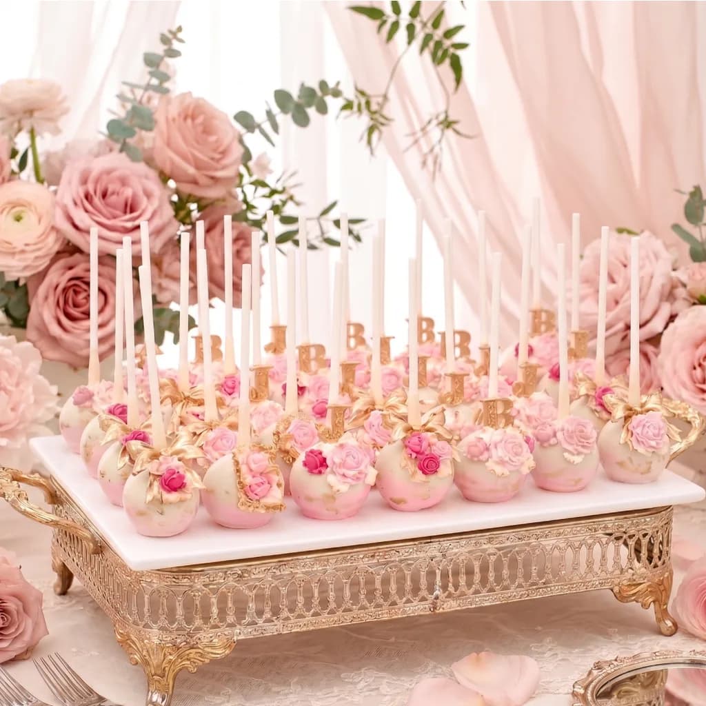Handgefertigte Cakepops rosa gold mit Zuckerrosen und Happy Birthday Schriftzug auf goldenem Tablett für Geburtstag und Events Wien Cupcakes Manufaktur Cir Cake Design