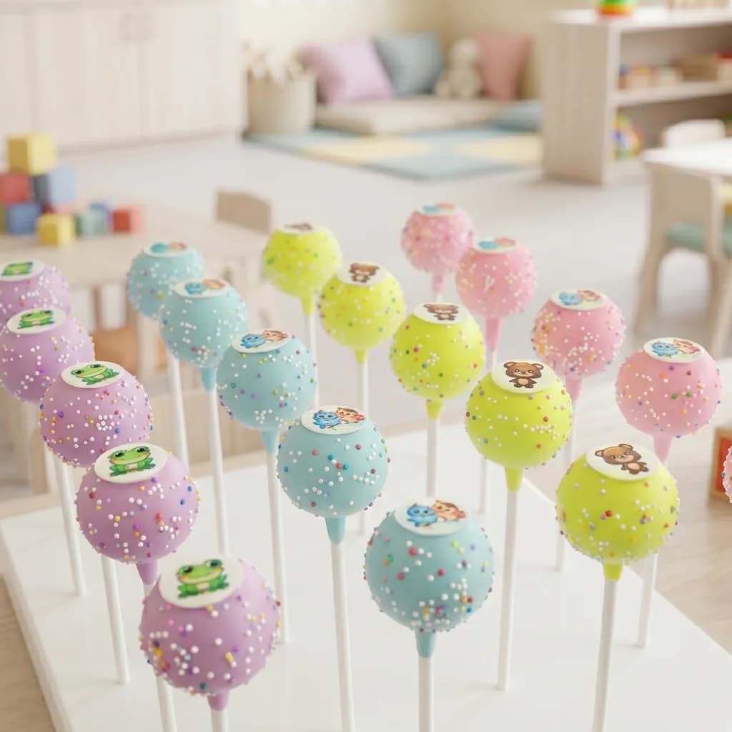 Bunte Kinder Cakepops pastell mit Tiermotiven Frosch Bär und Vogel als Zuckerblättchen für Kindergeburtstag und Kindergarten Wien Cupcakes Manufaktur Cir Cake Design
