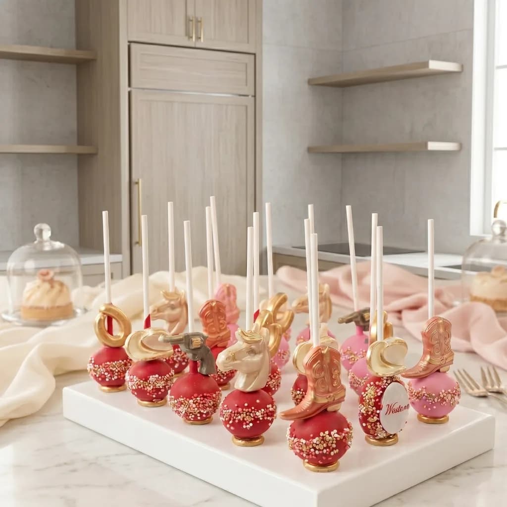 Handgefertigte Western Motiv Cakepops rot gold mit Cowboyhut Stiefel Pferd und Lasso Zuckerdekor Wien Cupcakes Manufaktur Cir Cake Design