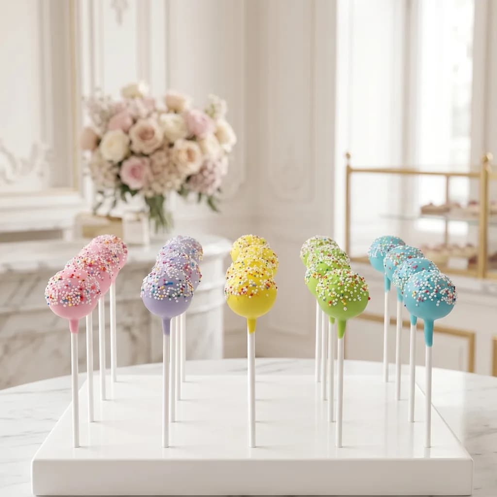 Standard Cakepops bunt pastell rosa lila gelb grün blau mit Zuckerperlen handgefertigt Wien Cupcakes Manufaktur Cir Cake Design