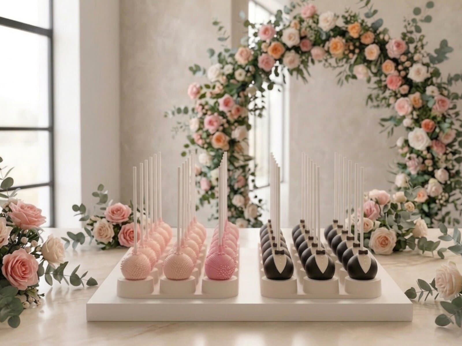 Hochzeit Cakepops rosa und schwarz als Braut und Bräutigam handgefertigt mit Blumendekoration Wien Cupcakes Manufaktur Cir Cake Design